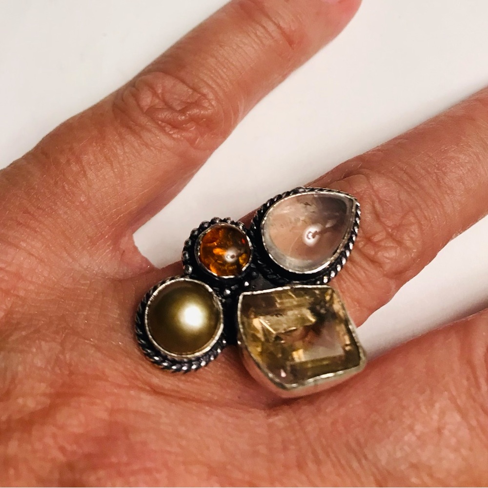 Rose Quartz Morganite Labradorite Tourmaline Stamped 925 Sterling Silver Ring